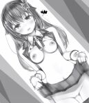  1girl :d ass_visible_through_thighs autoarousal blush bow breasts clothes_lift cowboy_shot detached_collar dutch_angle greyscale hair_bow hair_flaps hair_ornament heart highres hololive lifted_by_self long_hair looking_at_viewer medium_breasts miniskirt monochrome nanashi_(nlo) navel nipples open_mouth panties panty_pull pleated_skirt pussy pussy_juice pussy_juice_trail skirt skirt_lift smile solo spoken_heart star_(symbol) star_hair_ornament tokino_sora topless underwear vest virtual_youtuber wristband 