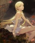  1girl bare_shoulders blonde_hair breasts cleavage commentary_request dress flower grin hakui_(b600723) highres kiss-shot_acerola-orion_heart-under-blade kizumonogatari long_hair looking_at_viewer monogatari_(series) parted_lips pointy_ears revision sitting small_breasts smile solo strap_slip vampire very_long_hair white_dress yellow_eyes 