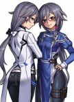  2girls back bad_id bad_pixiv_id bangs black_hair black_pants blue_eyes blue_shirt closed_mouth dual_persona fu_hua fu_hua_(night_squire) fu_hua_(valkyrie_accipter) glasses hair_between_eyes hand_on_hip honkai_(series) honkai_impact_3rd jacket long_hair long_sleeves looking_at_viewer looking_back multiple_girls myurumyuru pants ponytail shirt simple_background smile white_background white_jacket 