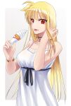  1girl bangs black_ribbon blonde_hair border bracelet breasts collarbone dress eyebrows_visible_through_hair fate_testarossa food hand_in_hair highres holding holding_food ice_cream jewelry long_hair lyrical_nanoha mahou_shoujo_lyrical_nanoha medium_breasts necklace red_eyes rei_no_himo ribbon shiny shiny_hair sleeveless sleeveless_dress solo sougetsu_izuki standing star_(symbol) star_necklace straight_hair sundress tongue tongue_out very_long_hair white_border white_dress 