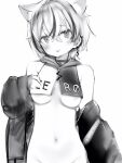  1girl :p animal_ears bangs breast_curtains cat_ears crossed_bangs earrings greyscale hair_between_eyes highres jacket jewelry looking_at_viewer monochrome multicolored_hair nanashi_(nlo) navel off_shoulder open_clothes open_jacket out-of-frame_censoring short_hair simple_background smile solo standing streaked_hair tongue tongue_out tsumugine_rei upper_body virtual_youtuber white_background zero_project 