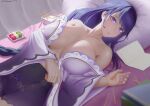  1girl bangs black_shorts blunt_bangs book breasts bug butterfly cleavage covered_navel dango echt floral_print food genshin_impact japanese_clothes kimono large_breasts long_sleeves looking_at_viewer lying matchstick nail_polish on_back on_bed open_clothes open_kimono parted_lips pillow purple_eyes purple_hair purple_nails raiden_shogun shorts sweets wagashi 