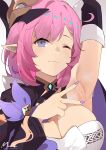 1girl antenna_hair arm_up armpits bangs breasts cleavage closed_mouth elysia_(honkai_impact) hair_between_eyes hair_ornament highres honkai_(series) honkai_impact_3rd long_hair long_sleeves looking_at_viewer mush_(mushlicious) one_eye_closed pink_hair ponytail presenting_armpit purple_eyes purple_nails simple_background smile spread_armpit sweat v white_background 