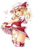  1girl ascot bat_wings blonde_hair blush bow clothes_lift cowboy_shot crystal fang flandre_scarlet frilled_shirt frilled_shirt_collar frilled_skirt frilled_sleeves frills hat hat_ribbon highres kamiya_tomoe lifted_by_self miniskirt mob_cap one_side_up panties puffy_short_sleeves puffy_sleeves red_bow red_eyes red_ribbon red_skirt red_vest ribbon shirt short_hair short_sleeves siblings side_ponytail skirt skirt_lift skirt_set striped striped_legwear thighhighs touhou underwear vertical-striped_legwear vertical_stripes vest white_panties white_shirt wings yellow_ascot 