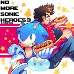  2boys black_hair crossover denim energy_sword eyebrows_visible_through_hair food gloves green_eyes jacket jeans looking_at_viewer male_focus multiple_boys no_more_heroes onsta pants red_jacket shoes short_hair simple_background smile sonic_(series) sonic_the_hedgehog sunglasses sword travis_touchdown weapon white_gloves 