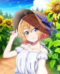  1girl bare_shoulders blonde_hair blue_eyes closed_mouth cloud cover flower hand_on_headwear hat highres kanojo_okarishimasu light_smile looking_at_viewer nanami_mami official_art outdoors outstretched_arm pov solo summer sun_hat sunflower upper_body 