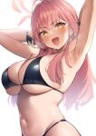  1girl ahoge armpits arms_up aru_(blue_archive) bangs bikini black_bikini blue_archive blush breasts eyebrows_visible_through_hair from_side halo halterneck highres horns large_breasts long_hair navel open_mouth pink_hair simple_background skindentation solo string_bikini sweat swimsuit upper_body usa_b v-shaped_eyebrows white_background yellow_eyes 