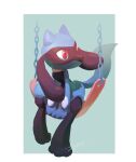 absurdres arm_support commentary_request highres leaning_forward likey looking_to_the_side no_humans pokemon pokemon_(creature) red_eyes riolu signature sitting solo swing toes 