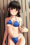  1girl arm_at_side bangs bare_shoulders bikini black_hair blue_bikini blush breasts brown_eyes collarbone cowboy_shot highres long_hair looking_at_viewer low_twintails matsunaga_kouyou navel open_mouth original small_breasts solo standing swimsuit teeth twintails untied untied_bikini upper_teeth wooden_wall 