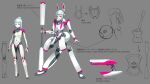  2girls android animal_ears aqua_hair armor arms_at_sides character_sheet colored_skin digitigrade english_text full_body grey_background gun highres hispol_(04-uma-alpha) humanoid_robot joints looking_at_viewer multiple_girls navel no_feet original pink_eyes rabbit_ears rabbit_tail robot_joints science_fiction shield standing tail translation_request weapon white_skin 