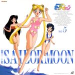  1990s_(style) 3girls absurdres artist_name bangs bare_shoulders barefoot bishoujo_senshi_sailor_moon black_eyes black_hair blonde_hair blue_eyes blue_hair casual_one-piece_swimsuit copyright_name cover credits eyebrows_visible_through_hair hairband highres hino_rei laserdisc_cover logo long_hair mizuno_ami multiple_girls official_art one-piece_swimsuit open_mouth pink_swimsuit retro_artstyle running scan short_hair strapless strapless_swimsuit swimsuit tadano_kazuko tsukino_usagi twintails very_long_hair water 