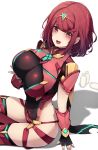  1girl bangs black_gloves breasts chest_jewel ddangbi earrings fingerless_gloves gloves highres jewelry large_breasts pyra_(xenoblade) red_eyes red_hair red_legwear red_shorts short_hair short_shorts shorts solo swept_bangs thighhighs tiara xenoblade_chronicles_(series) xenoblade_chronicles_2 