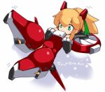  1girl android blonde_hair blush_stickers green_eyes green_ribbon hair_ribbon karukan_(monjya) leotard long_hair mecha_musume mega_man_(classic) mega_man_(series) ponytail ribbon roll_(mega_man) simple_background solo white_background 