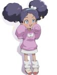  +_+ 1girl :d big_hair blush_stickers bow commentary dark-skinned_female dark_skin eyelashes full_body green_hairband hairband happy highres loose_socks milka_(milk4ppl) momo_(pokemon) open_mouth pigeon-toed pokemon pokemon_(anime) poketoon purple_eyes purple_sweater shoes skirt sleeves_past_fingers sleeves_past_wrists smile solo sparkle standing sweater teeth tongue upper_teeth 