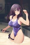  1girl ao_no_kiseki arm_up bangs bare_arms bare_shoulders breasts closed_mouth collarbone competition_swimsuit eiyuu_densetsu highleg highleg_swimsuit highres holding holding_knife holding_weapon indoors knife large_breasts long_hair one-piece_swimsuit purple_eyes purple_hair purple_swimsuit rixia_mao ruins solo swimsuit thigh_pouch thigh_strap v-shaped_eyebrows wading wangxiii weapon 