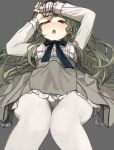 1boy :o arm_up bow bowtie bulge center_frills commentary_request dress erection erection_under_clothes frills green_eyes green_hair half-closed_eyes light_blush long_hair long_sleeves lying male_focus on_back open_mouth otoko_no_ko pantyhose pinocchio_(sinoalice) sinoalice solo sunaba_(nczd5875) white_legwear 