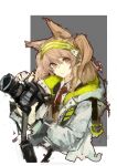  1girl absurdres amayouri angelina_(arknights) animal_ears arknights brown_hair brown_vest camera chinese_commentary collared_shirt commentary_request cosplay cropped_torso dslr earpiece extra_ears fox_ears frown green_hairband grey_background hair_between_eyes hairband highres holding holding_camera jacket long_hair looking_at_viewer necktie open_clothes open_jacket red_eyes red_necktie scene_(arknights) scene_(arknights)_(cosplay) shirt simple_background sketch solo striped striped_hairband twintails two-tone_background upper_body vest weibo_username white_background white_jacket 