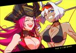  2girls animal_ears bikini black_bikini black_hairband blue_eyes breasts caenis_(fate) caenis_(swimsuit_rider)_(fate) dated eyebrows_visible_through_hair eyewear_on_head fate/extra fate/grand_order fate_(series) francis_drake_(fate) grin hairband hat large_breasts laughing multiple_girls one_eye_closed open_mouth pink_hair pirate_hat scar scar_on_face smile sunglasses swimsuit tattoo twitter_username white_hair yellow_background yuya_(aruka) 