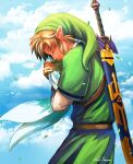  1boy belt bird blonde_hair blue_sky closed_eyes cloud earrings fingerless_gloves gloves green_headwear green_tunic highres holding jewelry la-sera leaves_in_wind link master_sword pointy_ears sailcloth sky the_legend_of_zelda the_legend_of_zelda:_skyward_sword 