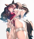  1girl absurdres angelina_(arknights) angelina_(summer_flowers)_(arknights) animal_ears arknights armpit_crease armpits bangs bare_shoulders bracelet breasts brown_hair casual_one-piece_swimsuit closed_mouth cover-up covered_navel cowboy_shot eyebrows_visible_through_hair fox_ears fox_girl fox_tail from_below gaanc_23_(tomosuge) hand_on_hip highres jewelry medium_breasts necklace official_alternate_costume one-piece_swimsuit red_eyes red_swimsuit ring sidelocks sideways_glance simple_background solo swimsuit tail thigh_strap thighs twintails white_background 