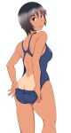  1girl ass black_eyes black_hair breasts clothes_pull competition_swimsuit highleg highleg_swimsuit kneepits looking_at_viewer medium_breasts one-piece_swimsuit open_mouth original short_hair solo swimsuit swimsuit_pull tan tanaka_rikimaru tanlines white_background 