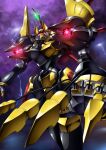  cable claws cloud cloudy_sky code_geass flying gamiani_zero gawain_(code_geass) glowing glowing_eyes head_tilt highres knightmare_frame looking_up mecha no_humans red_eyes science_fiction sky solo 