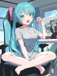  1girl alternate_costume aqua_eyes aqua_hair bare_legs barefoot between_legs blurry blurry_background blush breasts candy casual chair chocolate chocolate_bar collarbone commentary elbow_rest english_text eyebrows_visible_through_hair feet food full_body gaming_chair grey_shirt hair_between_eyes hand_between_legs hatsune_miku heart highres indoors long_hair looking_at_viewer magical_mirai_(vocaloid) makuhari-chan medium_breasts naked_shirt open_mouth plant portrait_(object) potted_plant raised_eyebrow shirt sitting solo t-shirt tongue tongue_out twintails very_long_hair vocaloid wariza yukichi_(yu-ame) 
