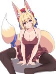  1girl 5bvmkpkz0cntyta absurdres animal_ear_fluff animal_ears black_legwear breasts cleavage dress foot_out_of_frame fox_ears fox_girl fox_tail hat highres large_breasts original red_dress red_eyes red_headwear simple_background sitting solo tail tail_strap thighhighs white_background 