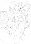  2girls absurdres arknights bandeau boots breasts china_dress chinese_clothes cleavage_cutout clothing_cutout collared_dress dragon_horns dragon_tail dress dusk_(arknights) ear_piercing folding_fan from_above full_body greyscale hair_over_one_eye hand_fan highres holding holding_fan horns jacket large_breasts lineart looking_at_viewer molyb monochrome multiple_girls necktie nian_(arknights) open_clothes open_jacket piercing planted planted_sword pointy_ears ponytail shorts siblings simple_background sisters smile standing sword tail tail-tip_fire weapon 