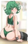  1girl ass black_legwear blush breasts curly_hair flipped_hair from_behind green_eyes green_hair gym_shorts gym_uniform highres looking_at_viewer looking_back medium_breasts one-punch_man sano_br shiny shiny_hair shiny_skin short_hair shorts sitting sleeveless smile solo tank_top tatsumaki thighhighs thighs 