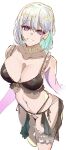  1girl absurdres arms_at_sides black_bra black_panties blue_hair bra breasts cleavage commentary_request cowboy_shot e_sky_rugo eyebrows_visible_through_hair girls&#039;_frontline grey_hair head_tilt highres large_breasts leg_garter looking_at_viewer medium_hair multicolored_hair panties purple_eyes rpk-16_(girls&#039;_frontline) shiny shiny_hair side-tie_panties simple_background sketch smile solo standing thigh_strap two-tone_hair underwear white_background 