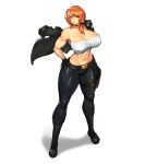  1girl abs absurdres bangs bare_arms bare_shoulders belt black_footwear black_pants boots breasts cleavage fingerless_gloves full_body gloves gurimjang gwen hair_over_shoulder hand_on_hip highres jacket jacket_removed large_breasts muscular muscular_female navel original pants red_hair side_ponytail simple_background smile solo standing strapless thighs tube_top 