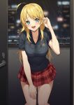  1girl ahoge bangs black_shirt blonde_hair blue_eyes blurry blurry_background bra_visible_through_clothes breasts collared_shirt commentary_request doorway eyebrows_visible_through_hair feet_out_of_frame hachimiya_meguru hair_ornament hairclip highres icarus_(632247131) idolmaster idolmaster_shiny_colors large_breasts leaning_forward long_hair miniskirt night open_door plaid plaid_skirt pleated_skirt rain red_skirt school_uniform see-through shirt short_sleeves skirt solo standing swept_bangs water wet wet_clothes wet_shirt 