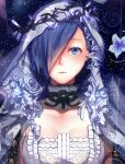  1girl bangs black_background black_ribbon blue_eyes breasts cleavage closed_mouth collarbone g4265059 grey_flower habit kirishima_touka large_breasts light light_particles looking_at_viewer neck_ribbon ribbon short_hair solo tokyo_ghoul upper_body 