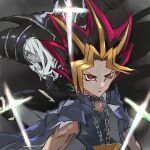  2boys black_shirt blue_cape bright_pupils cape chain closed_mouth commentary dark_magician duel_monster jewelry kdm_(ke_dama) millennium_puzzle multicolored_hair multiple_boys necklace pointy_hair red_eyes sanpaku shirt spiked_hair swords_of_revealing_light white_pupils yami_yuugi yu-gi-oh! 