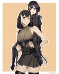  2girls anna_(girls&#039;_frontline) artist_name bangs belt black_eyes black_hair black_legwear black_skirt blush breasts brown_sweater_vest closed_mouth commission darkpulsegg eyebrows_visible_through_hair feet_out_of_frame girls&#039;_frontline hair_ornament hairclip heterochromia highres long_hair looking_at_another looking_at_viewer mechanical_legs medium_breasts mod3_(girls&#039;_frontline) multicolored_hair multiple_girls open_mouth red_eyes ro635_(girls&#039;_frontline) simple_background sitting sitting_on_person skirt small_breasts smile standing sweater_vest thighhighs uniform yellow_eyes 
