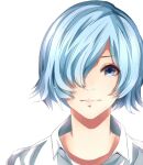  1girl bangs blue_eyes closed_mouth collared_shirt derivative_work g4265059 hair_over_one_eye kirishima_touka light_blue_hair looking_at_viewer portrait shirt short_hair simple_background smile solo tokyo_ghoul tokyo_ghoul:re white_background white_shirt 