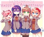  4girls :d anniversary bangs black_legwear blue_eyes blue_skirt bow brown_hair commentary_request copyright_name doki_doki_literature_club english_text eyebrows_visible_through_hair fang gesture green_eyes grey_jacket grin hair_between_eyes hair_bow hair_ornament hair_ribbon hairclip highres jacket long_hair long_sleeves monika_(doki_doki_literature_club) multiple_girls nan_(gokurou) natsuki_(doki_doki_literature_club) open_clothes open_jacket open_mouth pink_eyes pink_hair pleated_skirt ponytail purple_eyes purple_hair red_bow red_ribbon ribbon sayori_(doki_doki_literature_club) school_uniform short_hair simple_background skin_fang skirt smile thighhighs two_side_up very_long_hair white_background white_ribbon yuri_(doki_doki_literature_club) zettai_ryouiki 