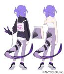  1girl black_sweater camisole character_sheet clothing_cutout commentary cropped_arms double_bun dragon_tail english_commentary from_behind full_body hair_behind_ear head_wings highres kamameshi_gougoumaru medium_hair nijisanji nijisanji_en official_art open_hand pants purple_pants selen_tatsuki shoes sneakers sweater tail tail_cutout variations virtual_youtuber white_background white_camisole 