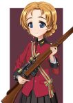  1girl bangs black_skirt blue_eyes braid chinese_commentary closed_mouth commentary epaulettes girls_und_panzer guan_1005 gun highres holding holding_gun holding_weapon jacket lee-enfield long_sleeves looking_at_viewer military military_uniform orange_hair orange_pekoe_(girls_und_panzer) parted_bangs pleated_skirt red_jacket rifle sash scope short_hair shoulder_sash skirt smile solo st._gloriana&#039;s_military_uniform standing tied_hair twin_braids uniform weapon 