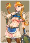  1girl abs armor blue_eyes blush braid breasts detached_sleeves earrings eyebrows_visible_through_hair f.s. hair_ornament highres jewelry large_breasts muscular muscular_female nose_blush orange_hair revealing_clothes smile thick_thighs thighhighs thighs 