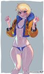  1girl apex_legends artist_name ass_visible_through_thighs bikini blonde_hair blue_bikini blue_eyes blue_nails border breasts breasts_apart commentary cropped_jacket down_jacket drawstring english_commentary fingernails jacket kajin_(kajinman) long_fingernails looking_at_viewer nail_polish navel orange_jacket outside_border panties patreon_username pink_pupils revealing_clothes reward_available scar sharp_fingernails short_hair skindentation small_breasts smile solo swimsuit thick_thighs thighs underwear watermark wattson_(apex_legends) web_address white_border wide_hips 