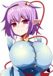  1girl blouse blue_blouse breasts buttons eyeball frilled_shirt_collar frills highres huge_breasts komeiji_satori long_sleeves pink_skirt purple_eyes purple_hair ribbon-trimmed_collar ribbon_trim short_hair skirt solo third_eye touhou wide_sleeves xialu_zajin 