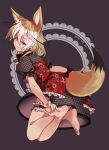  1girl alternate_costume animal_ears bare_legs barefoot bell black_dress blonde_hair blue_eyes bow bowtie commentary dress extra_ears eyebrows_visible_through_hair feet fennec_(kemono_friends) floral_print fox_ears fox_girl fox_tail frilled_dress frills hands_on_feet highres kemono_friends looking_at_viewer multicolored_hair nanana_(nanana_iz) neck_bell plaid plaid_dress print_dress puffy_short_sleeves puffy_sleeves red_bow red_bowtie red_dress short_hair short_sleeves soles solo tail tail_bow tail_ornament thigh_strap toes two-tone_dress two-tone_hair white_hair 