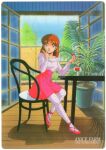  1980s_(style) 1girl absurdres anice_farm aqua_ribbon bangs breasts brown_eyes brown_hair character_name chouon_senshi_borgman collarbone copyright_name day earrings eating fingernails food fruit full_body hair_ribbon high-waist_skirt highres holding holding_food jewelry kikuchi_michitaka licking_lips long_hair long_sleeves medium_breasts official_art on_chair pantyhose pink_footwear pink_skirt retro_artstyle ribbon scan shirt sitting skirt solo strawberry striped striped_legwear striped_shirt table tongue tongue_out wooden_floor 