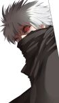  1boy bangs black_cloak black_scarf black_sclera cloak colored_sclera commentary_request covered_mouth derivative_work g4265059 grey_background grey_eyes grey_hair hair_between_eyes heterochromia kaneki_ken looking_at_viewer male_focus red_eyes scarf short_hair simple_background solo spiked_hair tokyo_ghoul tokyo_ghoul:re upper_body 