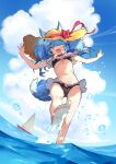  1girl :3 :d animal_ears bare_arms bare_legs barefoot bikini black_bikini blue_eyes blue_hair blush boat bow cloud commentary cumulonimbus_cloud dot_nose feet from_below hat hat_bow heterochromia highres indie_virtual_youtuber looking_at_viewer navel nonco ocean open_mouth outdoors outstretched_arms red_bow smile soles solo splashing spread_arms standing standing_on_one_leg straw_hat swimsuit symbol-only_commentary tail twintails virtual_youtuber wading water_drop watercraft yellow_eyes yellow_headwear yukino_mio 