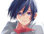  1girl bangs blue_eyes blush bow collared_shirt commentary_request crying crying_with_eyes_open g4265059 grey_shirt hair_between_eyes kirishima_touka looking_at_viewer open_mouth red_bow red_neckwear shirt short_hair simple_background solo tears teeth tokyo_ghoul upper_teeth white_background 