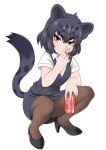  1girl animal_ears bagua_zhang black_jaguar_(kemono_friends) breasts coca-cola eyebrows_visible_through_hair formal grey_eyes jaguar_ears jaguar_girl jaguar_print jaguar_tail kemono_friends looking_at_viewer medium_breasts office_lady pantyhose pencil_skirt shirt short_hair simple_background skirt skirt_suit solo squatting suit tail white_background 