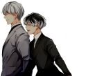  2boys :d arima_kishou bangs black_hair black_jacket closed_eyes collared_shirt commentary_request derivative_work eyebrows_visible_through_hair formal from_side g4265059 glasses grey_jacket highres jacket long_sleeves male_focus multiple_boys necktie open_mouth profile sasaki_haise shirt short_hair simple_background smile teeth tokyo_ghoul tokyo_ghoul:re white_background white_shirt 